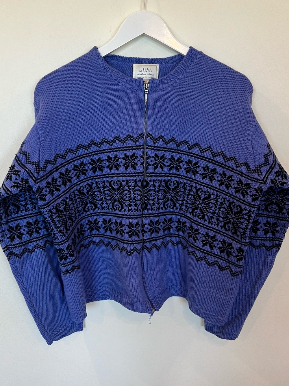 Field Manor Fair Isle Full Zip Wool Sweater Medium Purple Snowflakes Winter